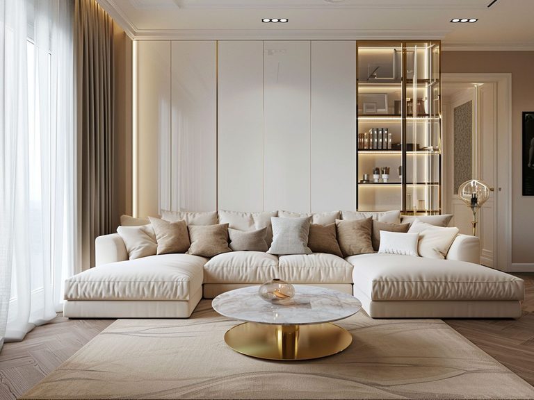 Nowoczesny salon z jasną sofą modułową i złotym stolikiem, przestronny nowoczesny salon.
