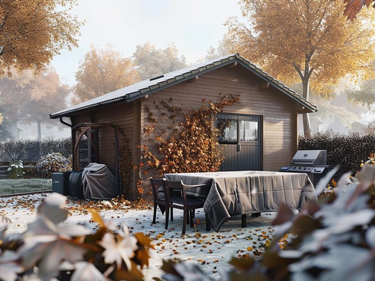 Rustykalny taras z drewnianym domkiem i czarnym stołem w otoczeniu jesiennych liści