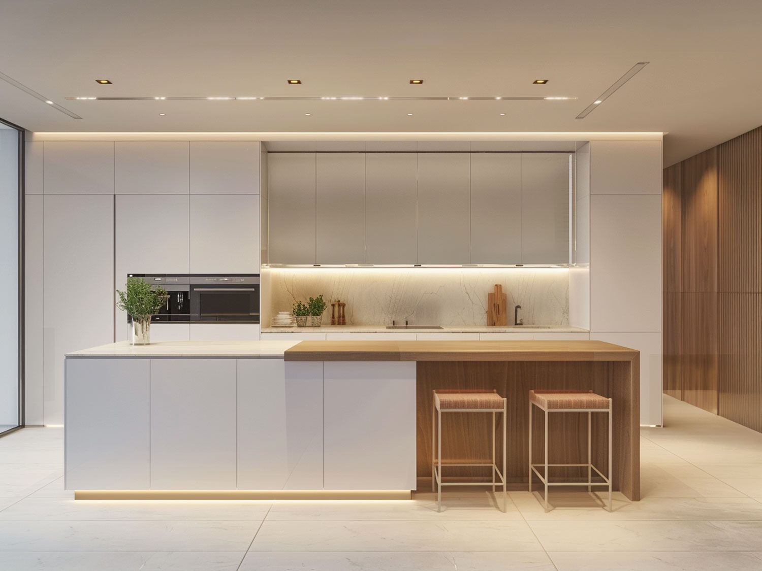 Nowoczesna kuchnia z białymi frontami i drewnianymi elementami, minimalistyczna kuchnia nowoczesna. Nowoczesna kuchnia z białymi frontami i drewnianymi elementami, minimalistyczna kuchnia nowoczesna.