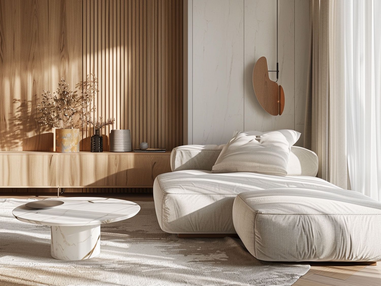 Skandynawski salon z jasną sofą modułową i delikatnymi, drewnianymi akcentami