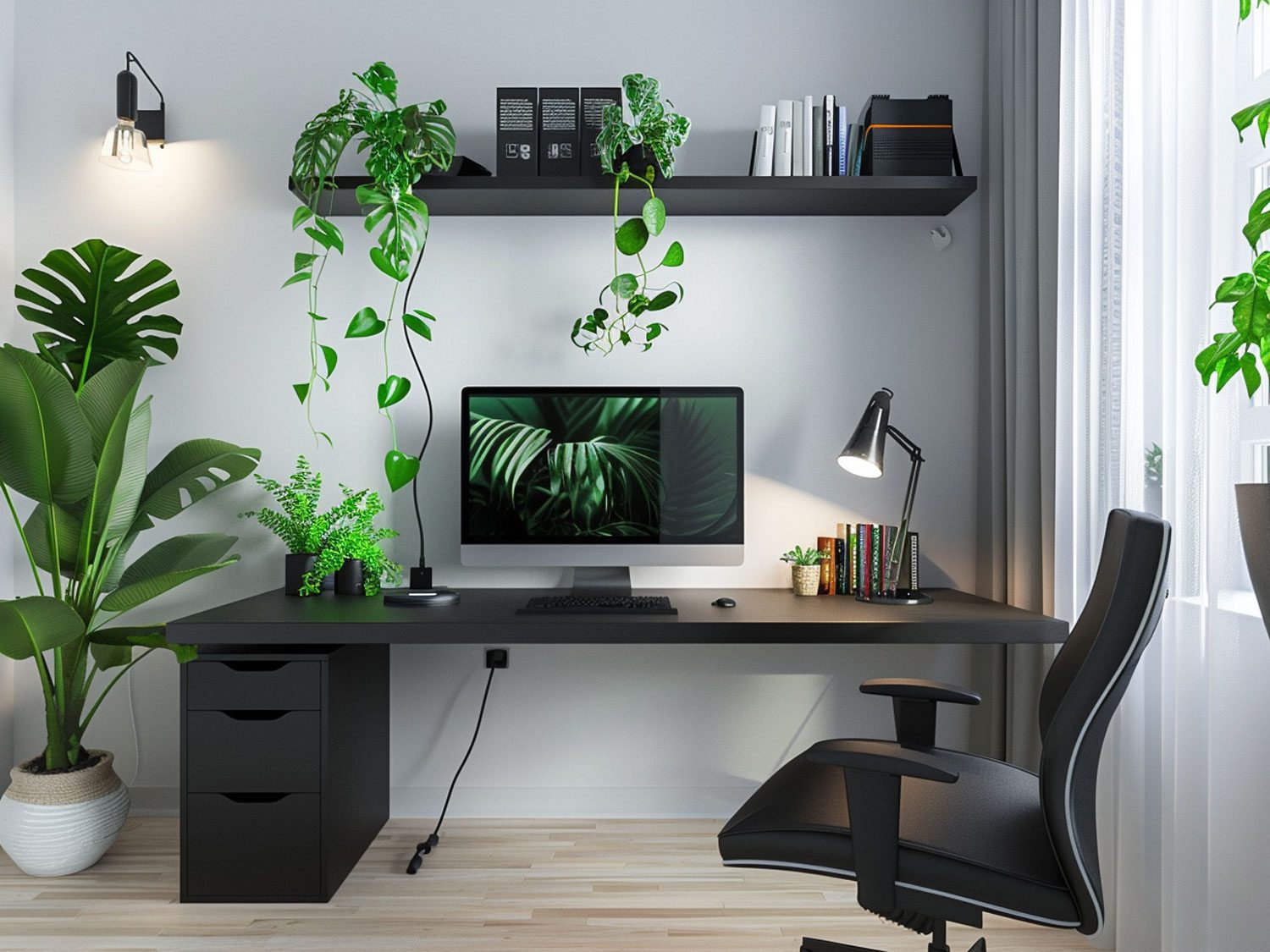 Nowoczesne biuro z czarnym biurkiem i roślinami, minimalistyczne biuro nowoczesne.