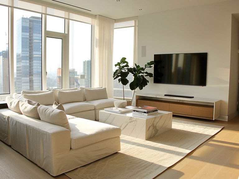 Nowoczesny salon z białym narożnikiem i dużymi oknami, przestronny salon nowoczesny.