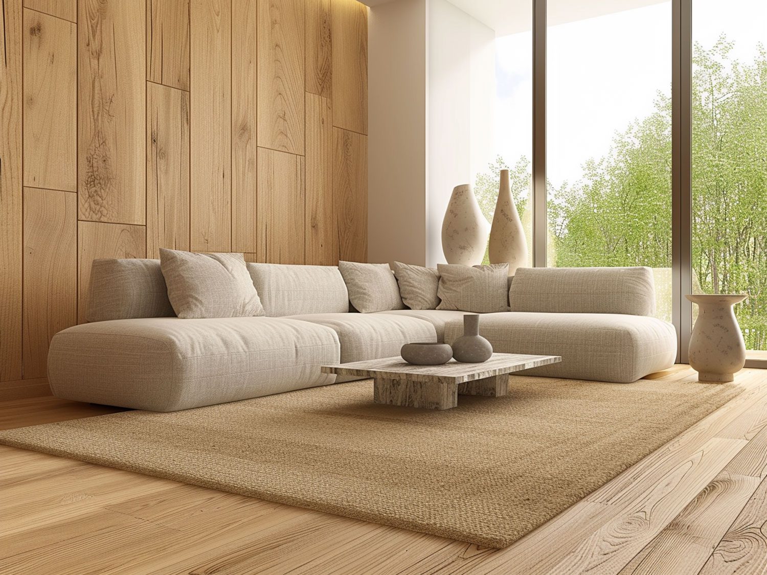 Nowoczesny salon w odcieniach beżu z jasną sofą i stolikiem kawowym Nowoczesny salon w odcieniach beżu z jasną sofą i stolikiem kawowym