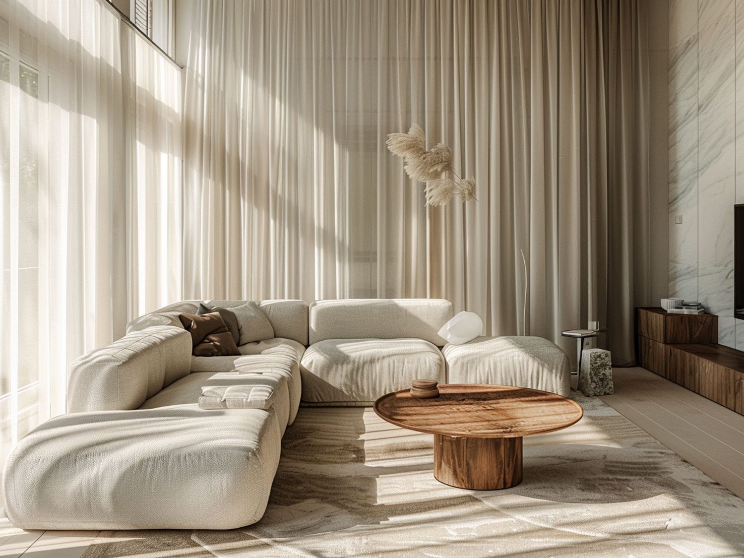 Skandynawski salon z narożnikiem w odcieniach beżu i drewnianym stolikiem kawowym