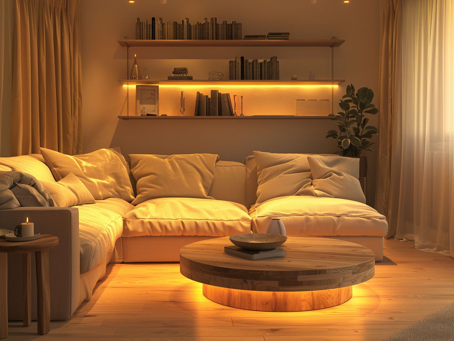 Nowoczesny salon z dużym narożnikiem i podświetlanymi półkami w odcieniach beżu