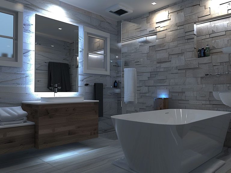 Nowoczesna łazienka z wolnostojącą wanną i szarymi płytkami, elegancka łazienka nowoczesna.