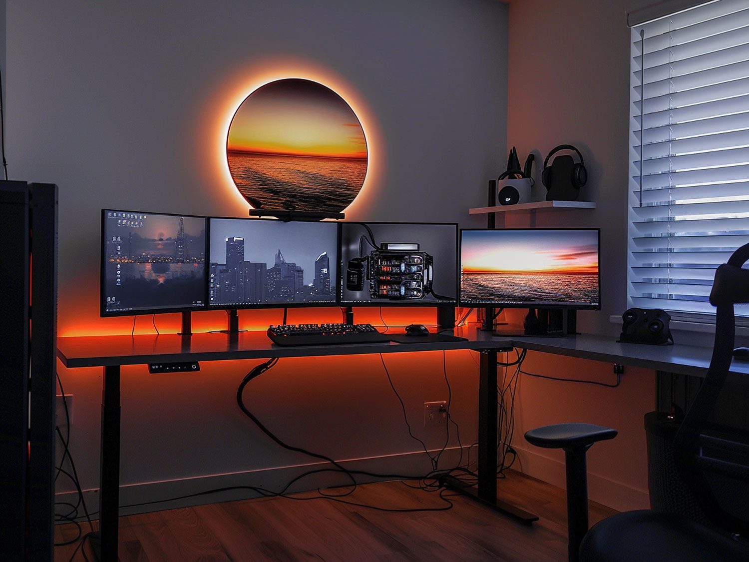 Nowoczesne biuro z czarnymi biurkami, wieloma stanowiskami pracy i dużymi oknami