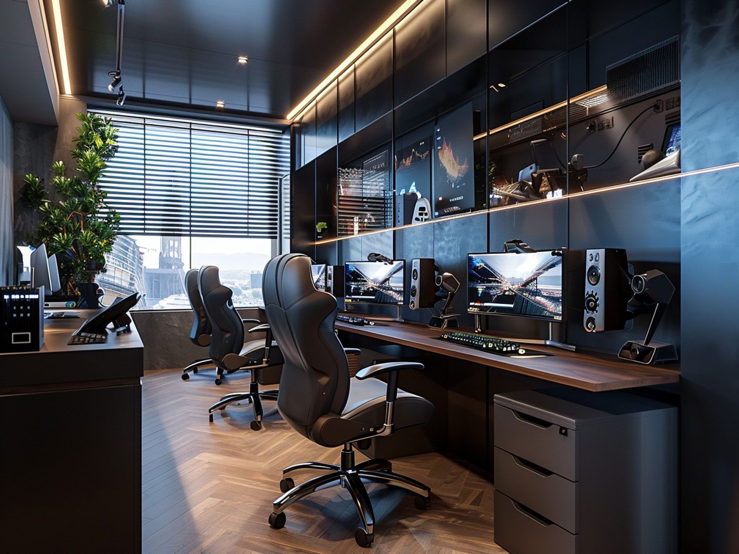 Biuro gamingowe z trzema monitorami i neonowym oświetleniem