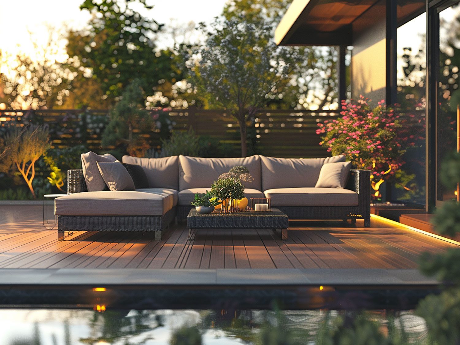 Nowoczesny taras z narożnikiem w odcieniach szarości i drewnianą podłogą