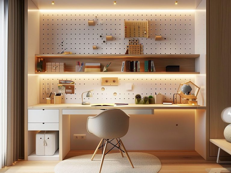 Nowoczesne biuro domowe z drewnianym blatem i podświetlaną ścianą, funkcjonalne biuro nowoczesne.