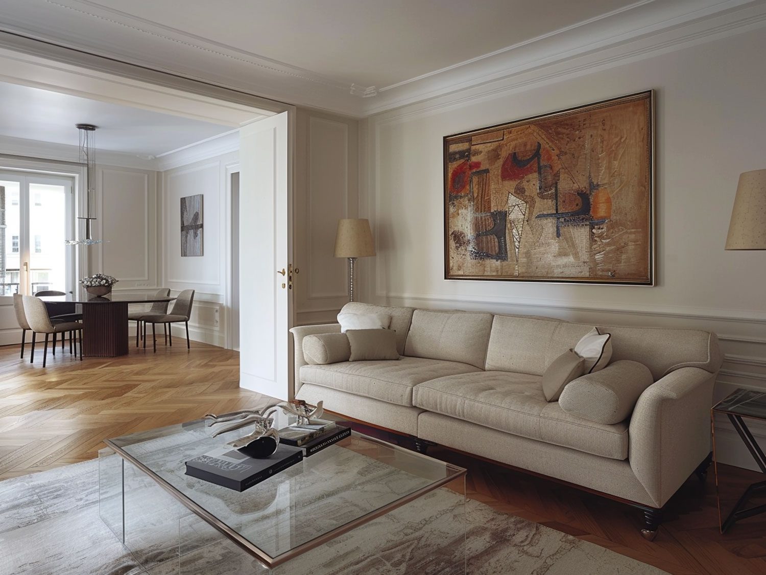 Klasyczny salon z beżową sofą i szklanym stolikiem, elegancki salon klasyczny. Klasyczny salon z beżową sofą i szklanym stolikiem, elegancki salon klasyczny.