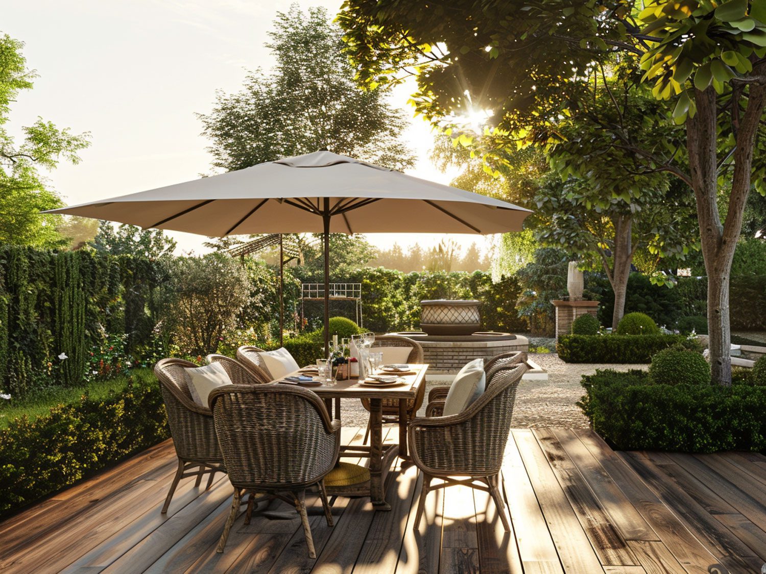 Rustykalny taras z dużym parasolem i drewnianym stołem, klimatyczny taras rustykalny. Rustykalny taras z dużym parasolem i drewnianym stołem, klimatyczny taras rustykalny.