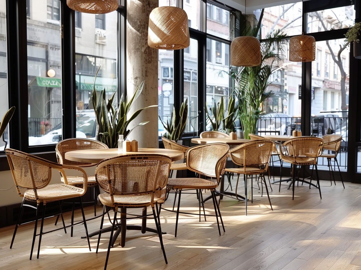 Nowoczesna restauracja z jasnymi plecionymi krzesłami i roślinami Nowoczesna restauracja z jasnymi plecionymi krzesłami i roślinami