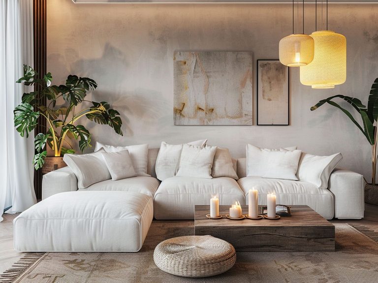 Przytulny salon z białą sofą, naturalnymi akcentami i świecami, ciepły salon nowoczesny