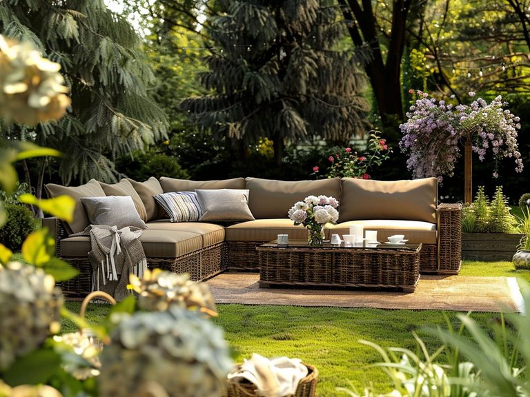 Rustykalny taras z wiklinowymi meblami i ogrodem, przytulny taras rustykalny.