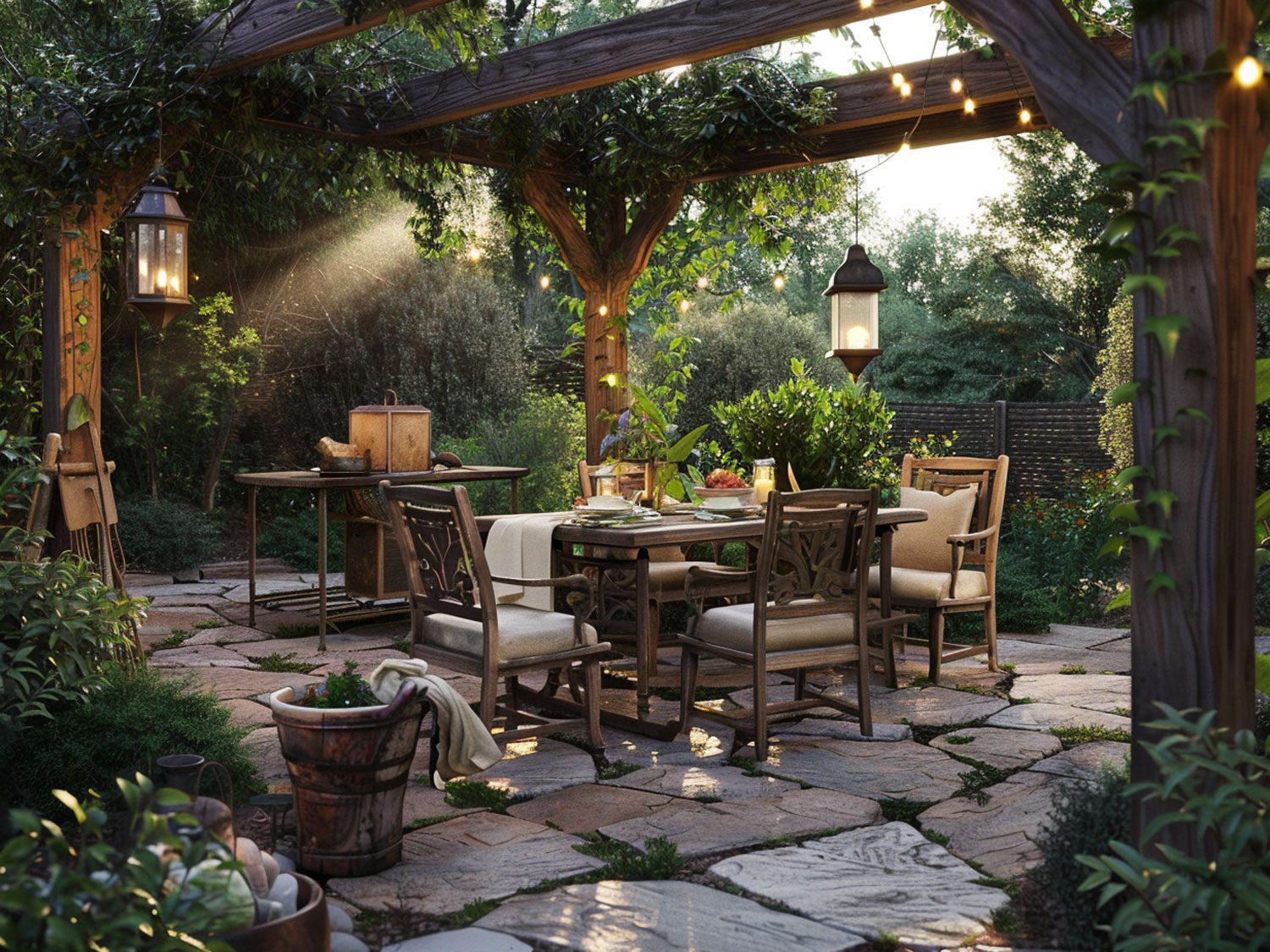 Rustykalny taras z drewnianym stołem i krzesłami otoczony zielenią