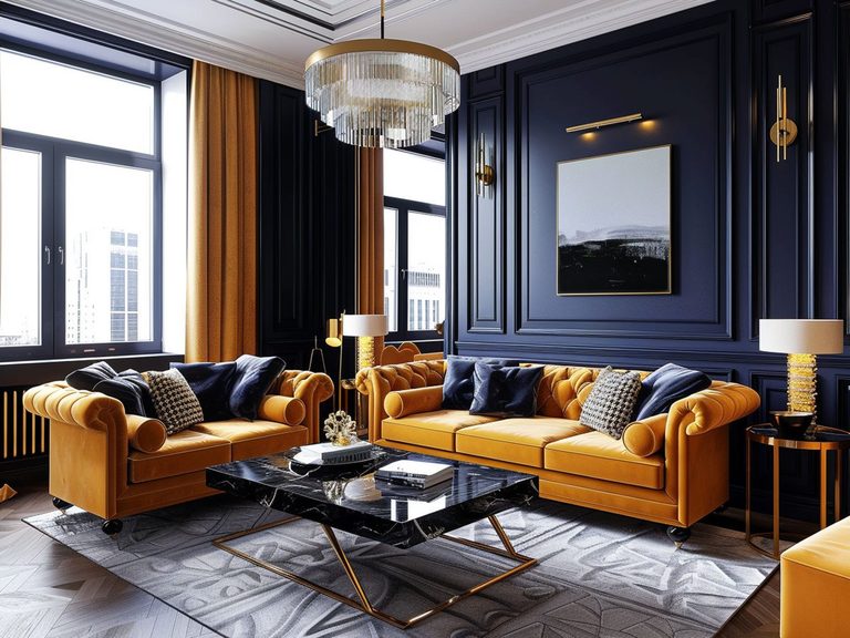 Glamour salon z granatowymi ścianami i żółtymi sofami w eleganckim wnętrzu