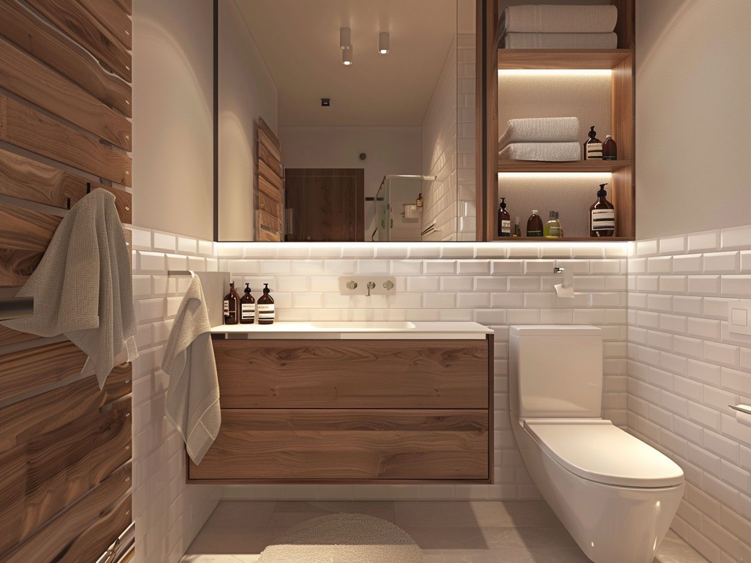 Nowoczesna mała łazienka z drewnianą szafką i białymi płytkami, kompaktowa łazienka nowoczesna.