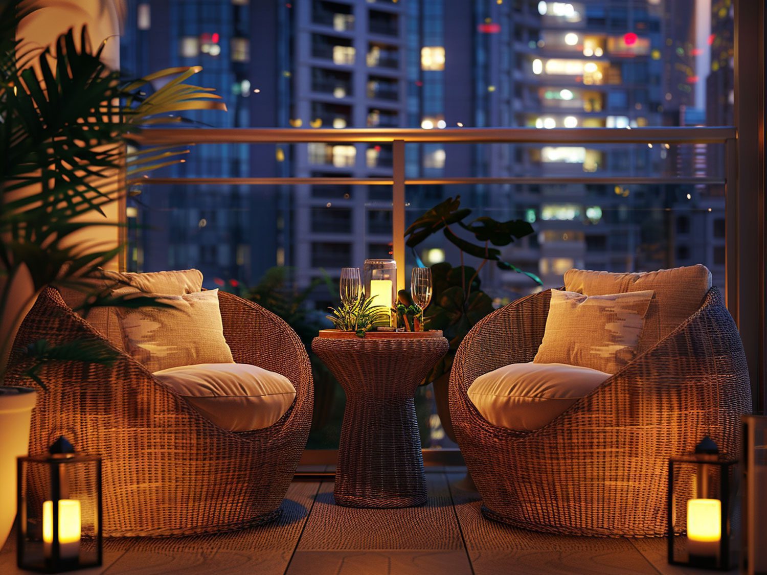 Romantyczny taras z rattanowymi fotelami i lampionami, przytulny taras rustykalny. Romantyczny taras z rattanowymi fotelami i lampionami, przytulny taras rustykalny.