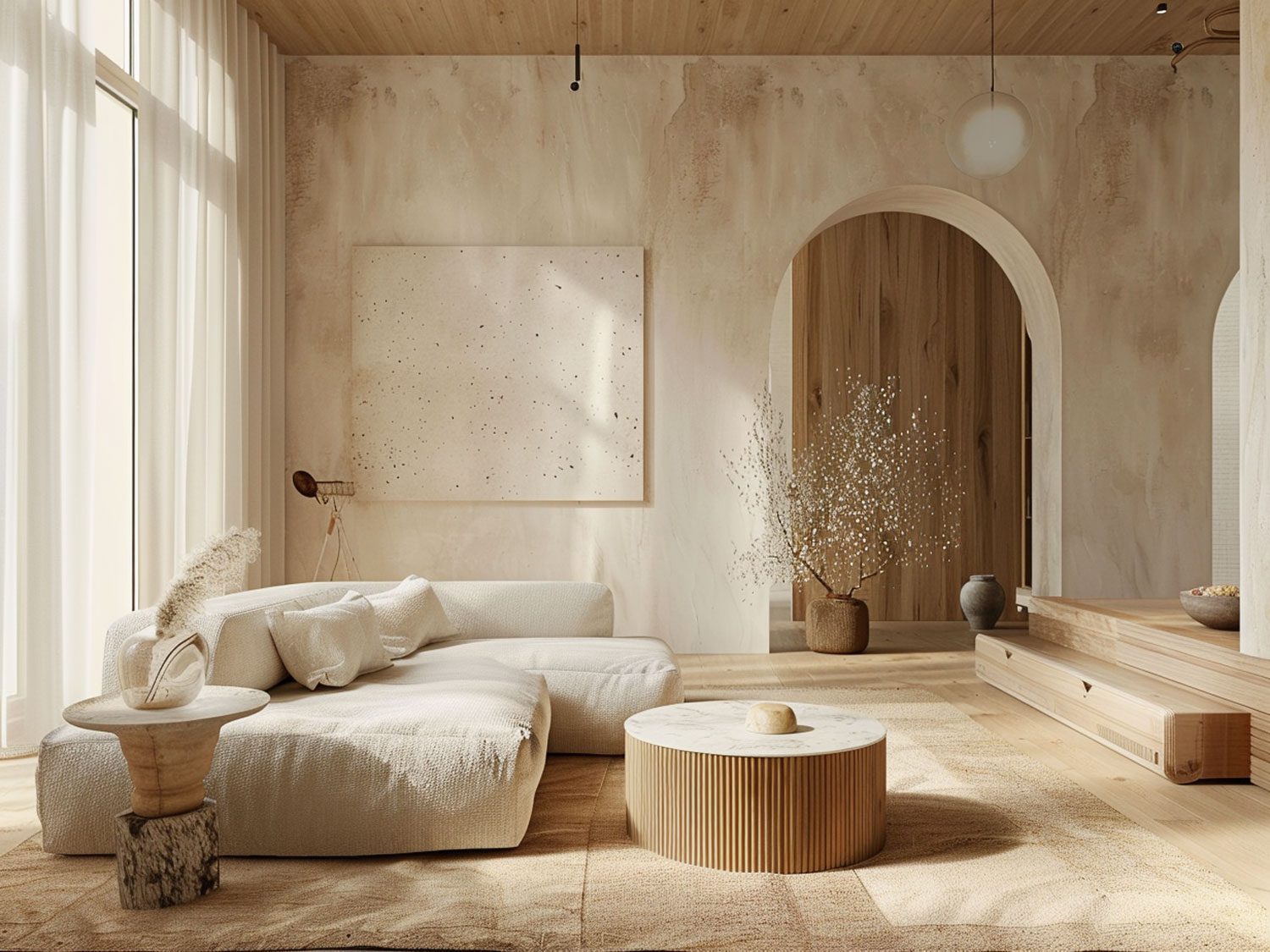 Rustykalny salon z jasną sofą modułową i ścianą w naturalnym beżu