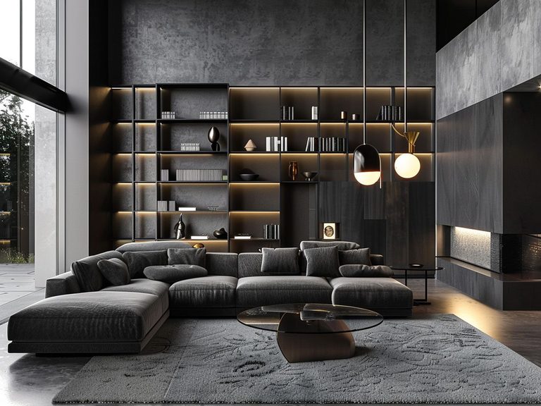 oftowy salon z dużą szarą sofą i regałami, stylowy salon loftowy.