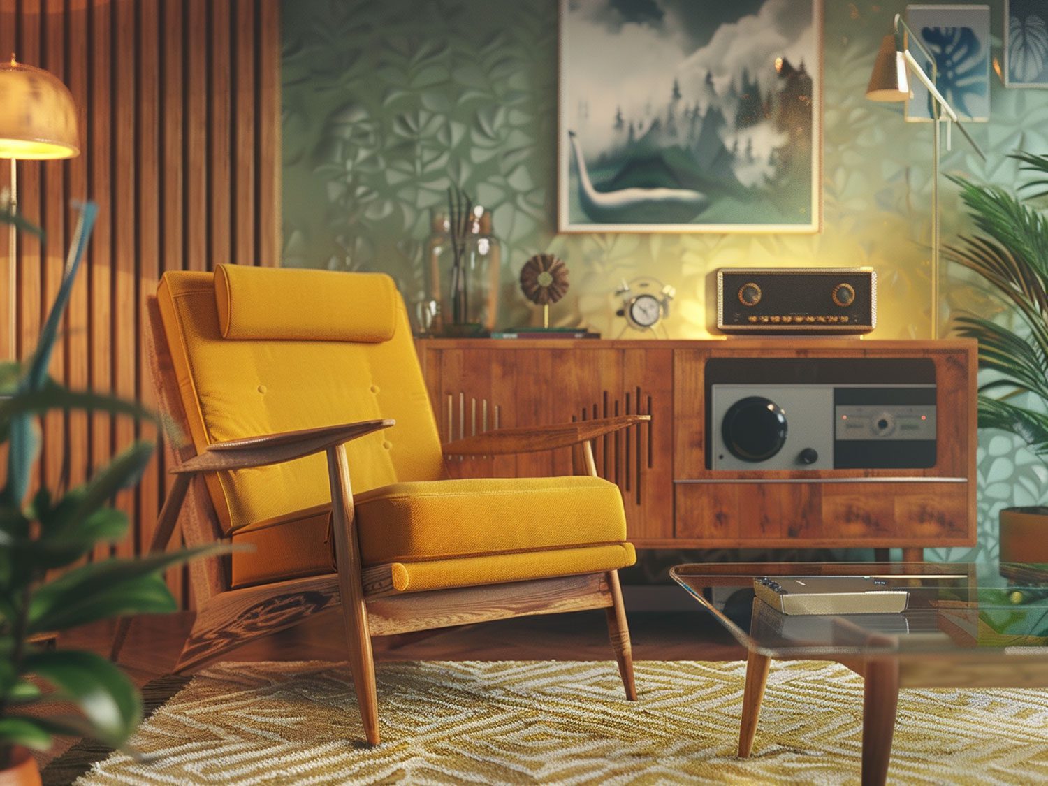 Retro obývací pokoj s žlutým křeslem a dřevěnou komodou, stylový obývací pokoj retro.