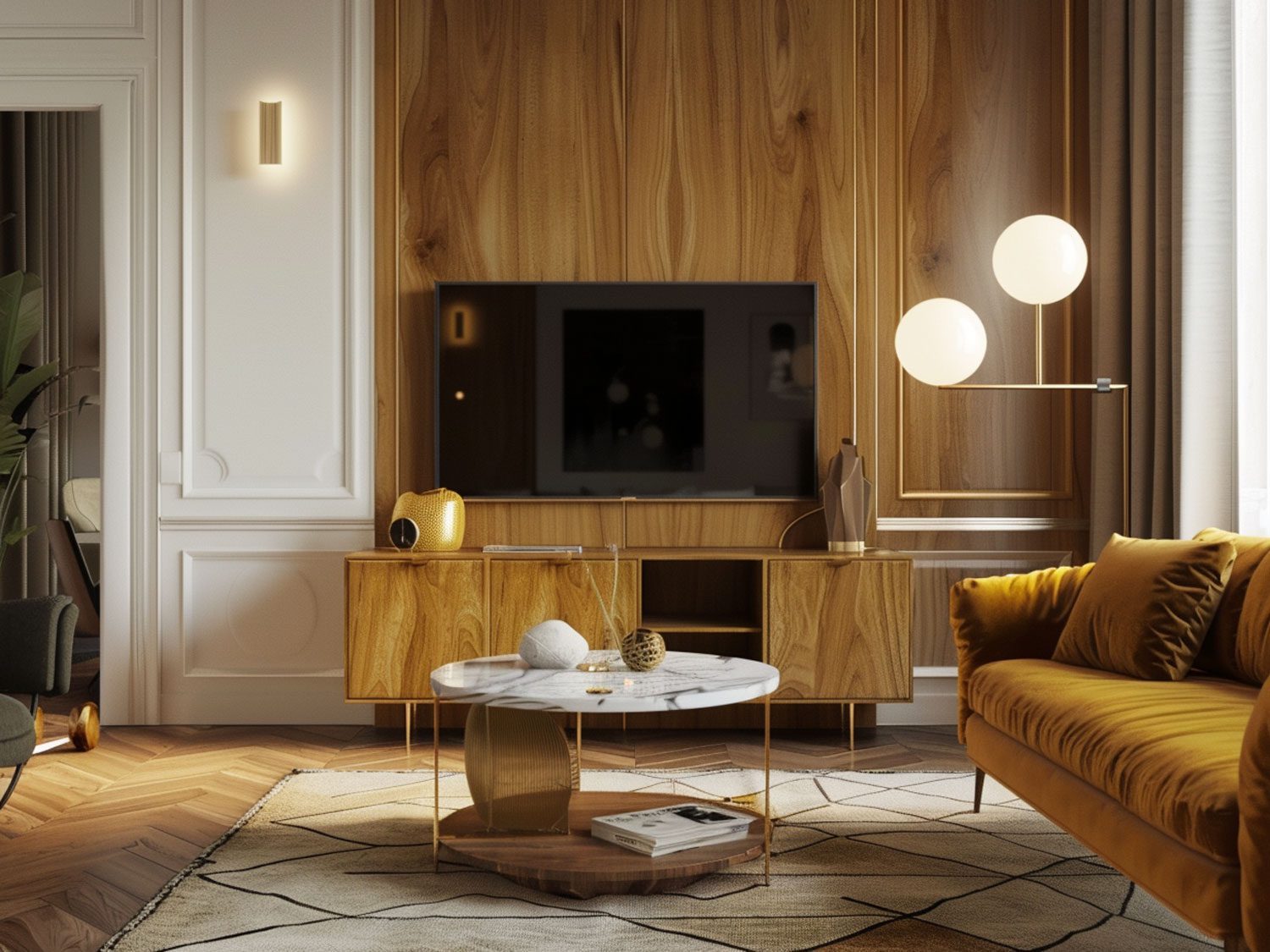 Nowoczesny salon z drewnianą ścianą i jasną sofą, elegancki nowoczesny salon Nowoczesny salon z drewnianą ścianą i jasną sofą, elegancki nowoczesny salon