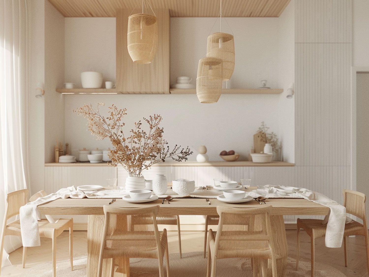 Skandynawska jadalnia z jasnym stołem, drewnianymi krzesłami i plecionymi lampami