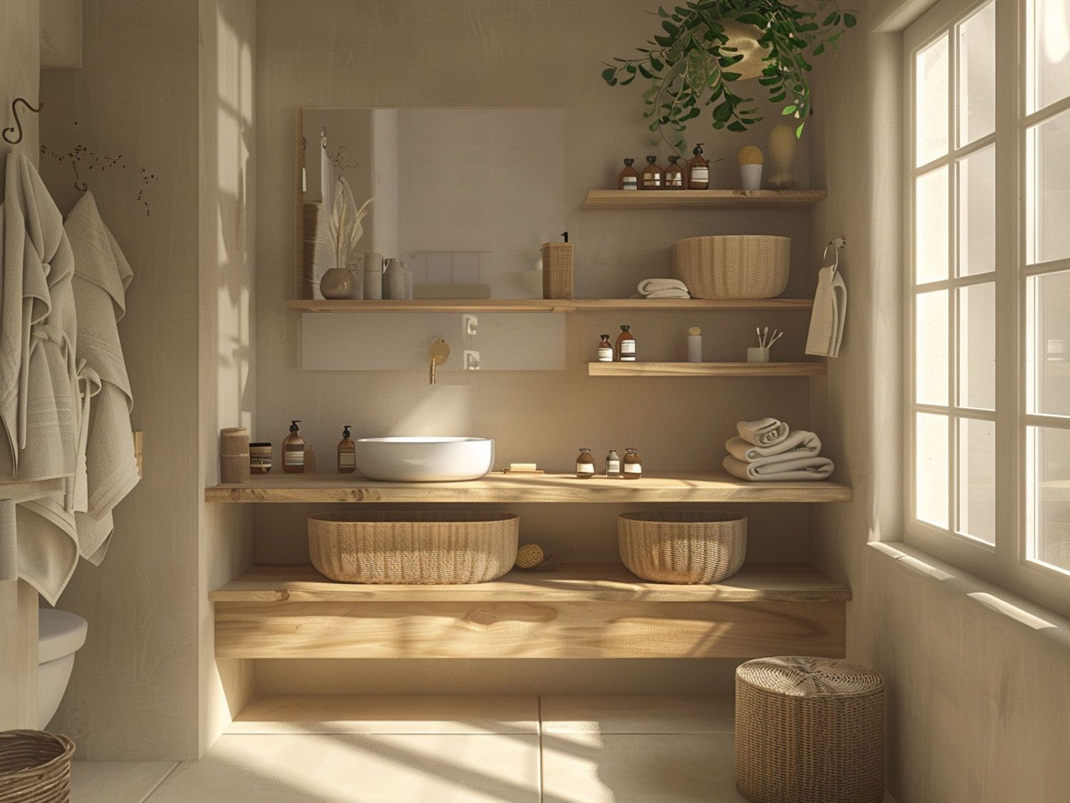 Rustykalna łazienka z drewnianymi półkami i okrągłym lustrem, przytulna łazienka rustykalna.