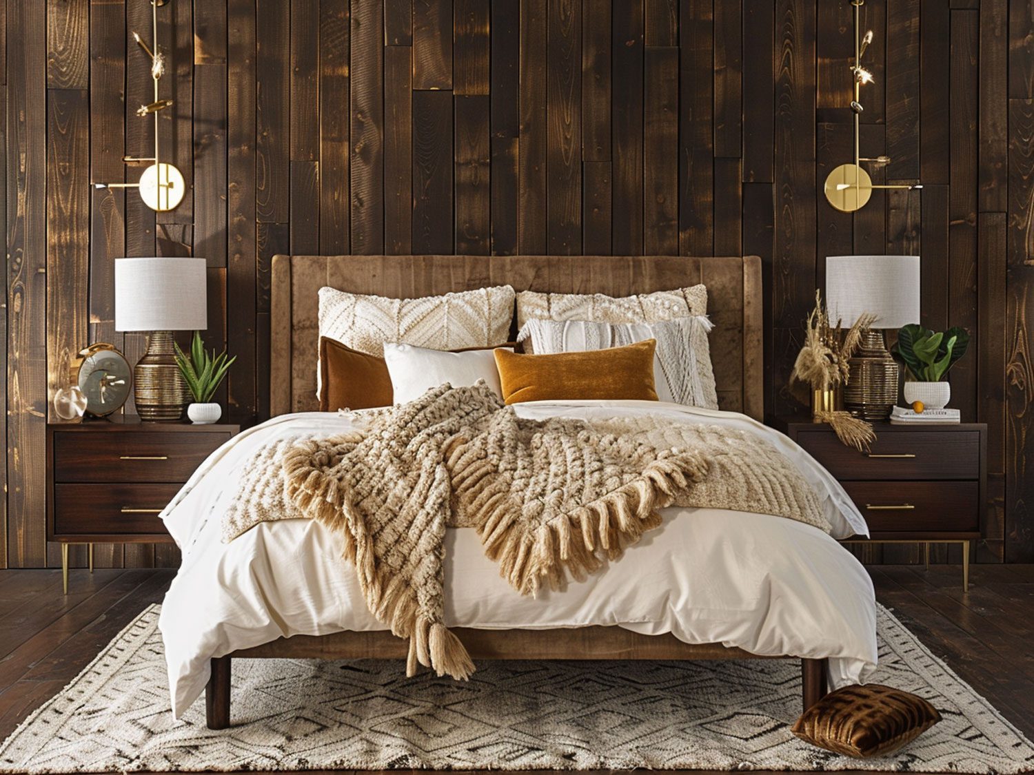 Rustykalna sypialnia z drewnianą ścianą i jasnym łóżkiem, przytulna sypialnia rustykalna.