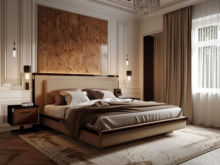 Nowoczesna sypialnia z dużym łóżkiem i drewnianym zagłówkiem, elegancka sypialnia nowoczesna.