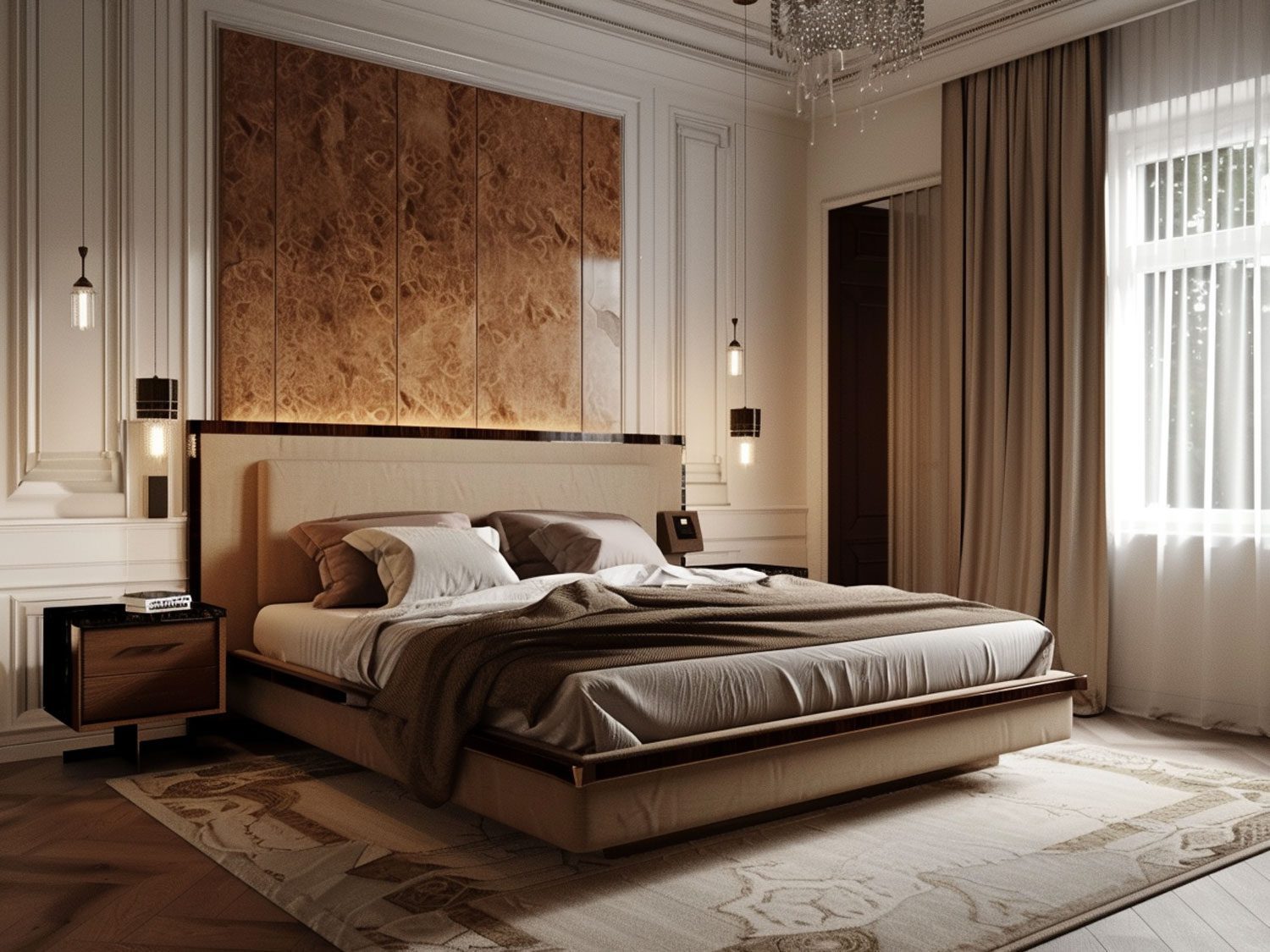 Nowoczesna sypialnia z dużym łóżkiem i drewnianym zagłówkiem, elegancka sypialnia nowoczesna. Nowoczesna sypialnia z dużym łóżkiem i drewnianym zagłówkiem, elegancka sypialnia nowoczesna.