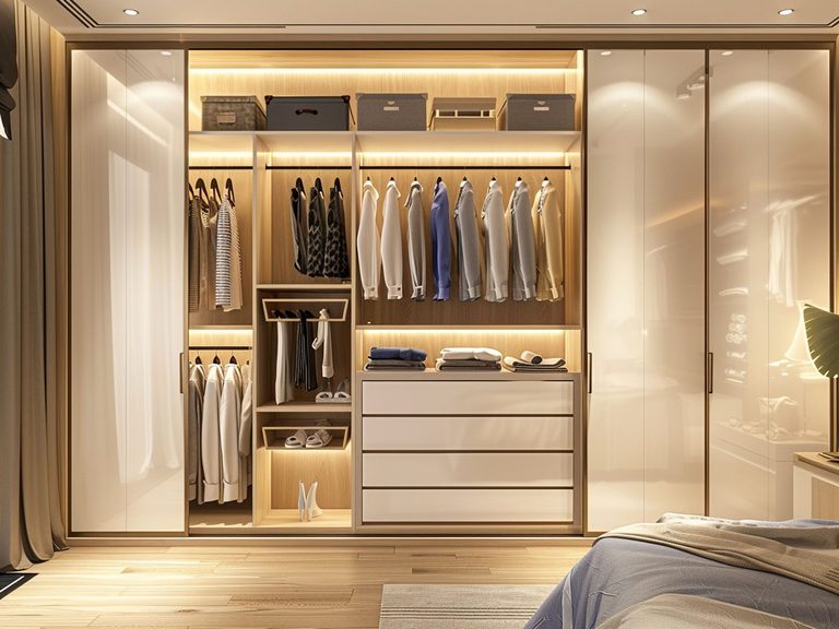 Luksusowa garderoba z podświetlanymi wnękami i drewnianymi szafkami, elegancka garderoba nowoczesna.