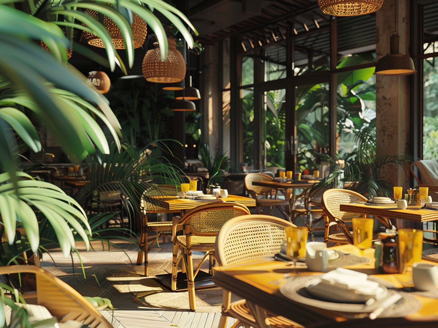 Rustykalna restauracja z drewnianymi stołami, plecionymi krzesłami i bujną zielenią Rustykalna restauracja z drewnianymi stołami, plecionymi krzesłami i bujną zielenią