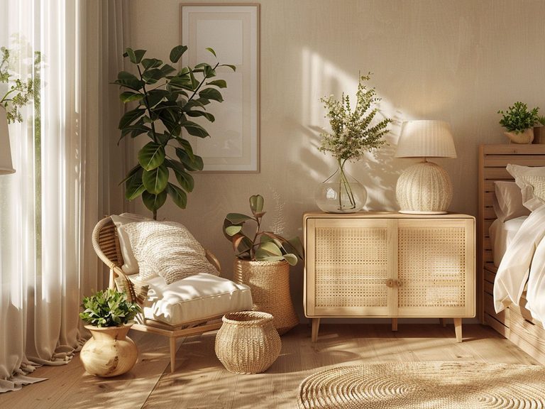 Skandynawski salon z jasną komodą, fotelami i naturalnymi dodatkami