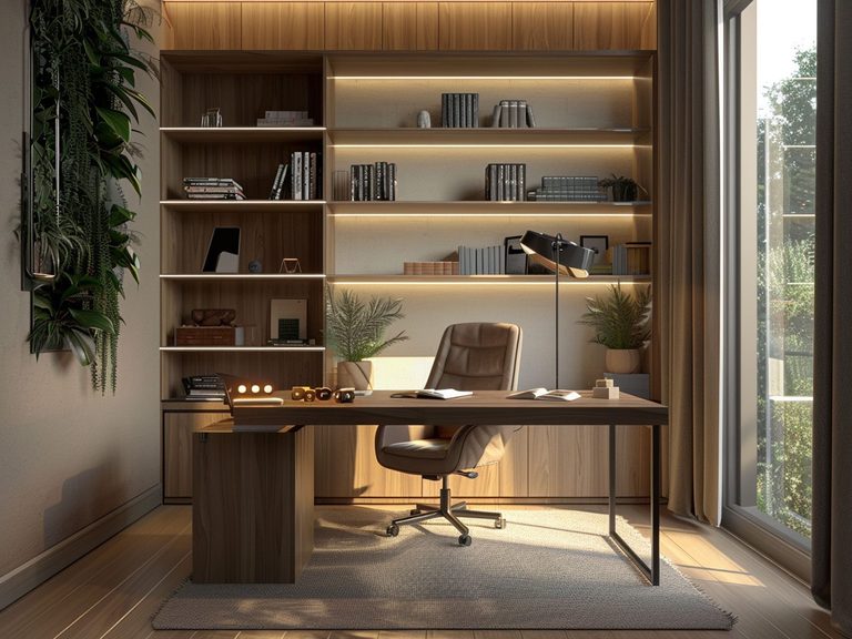 Nowoczesne biuro z drewnianym biurkiem, regałami i wygodnym fotelem