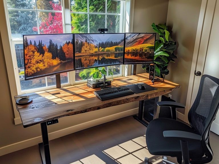 Nowoczesne biuro z dużym biurkiem i trzema monitorami w jasnym wnętrzu