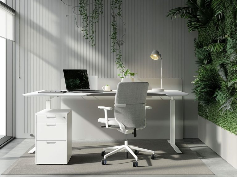 Nowoczesne biuro z białym biurkiem, ergonomicznym fotelem i zielonym akcentem roślinnym