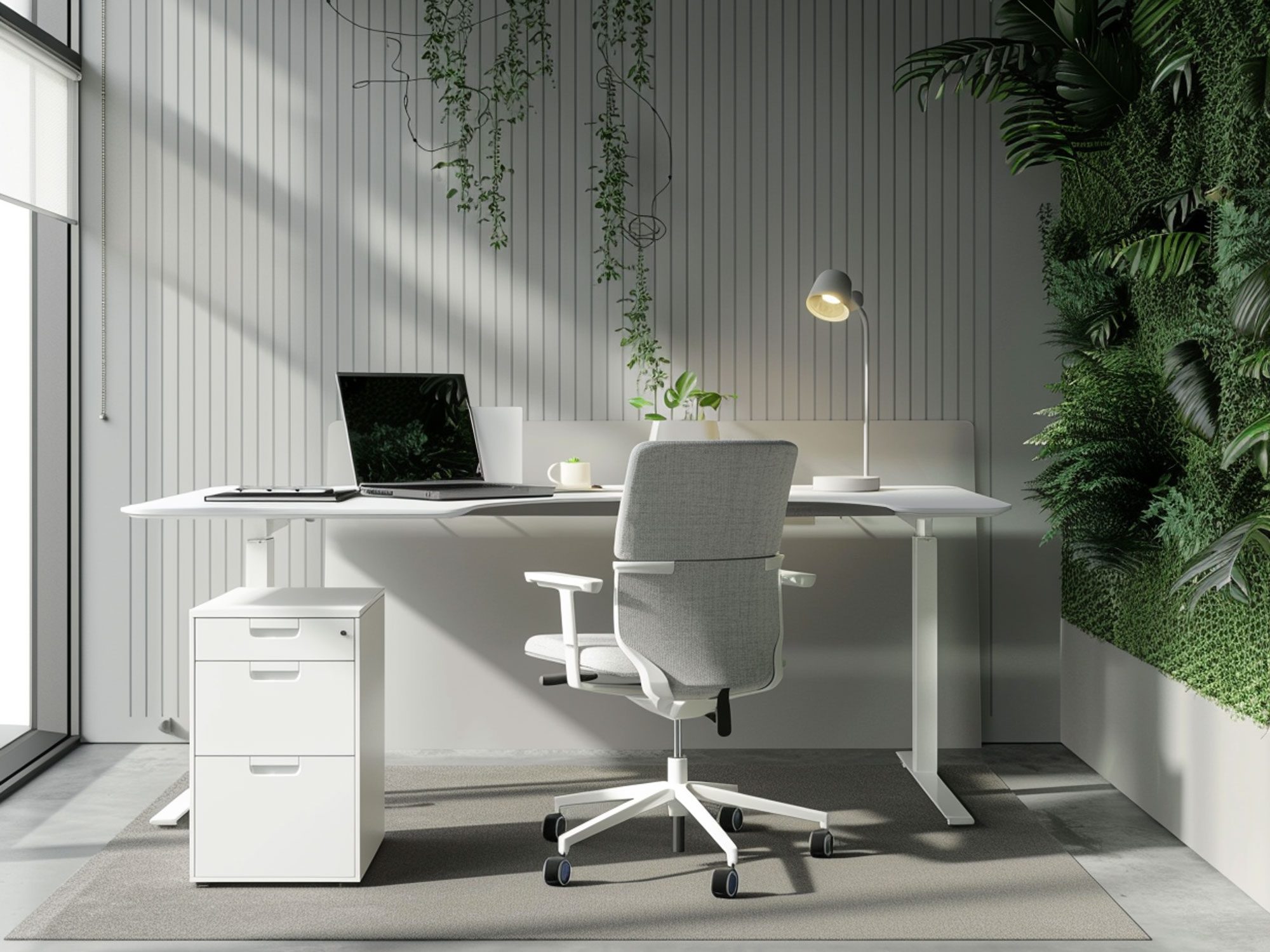 Nowoczesne biuro z białym biurkiem, ergonomicznym fotelem i zielonym akcentem roślinnym