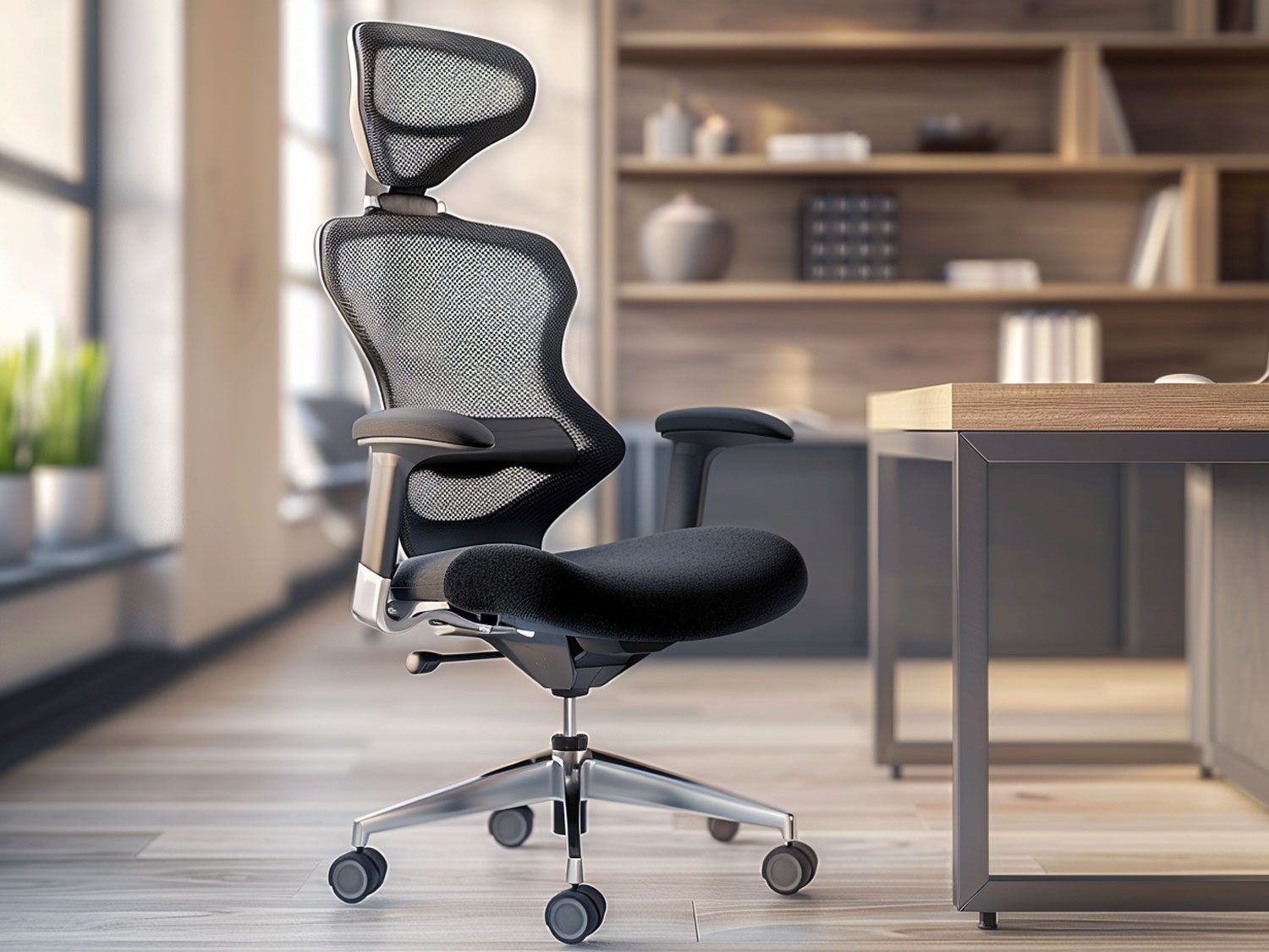 Nowoczesne biuro z ergonomicznym czarnym fotelem i drewnianym biurkiem