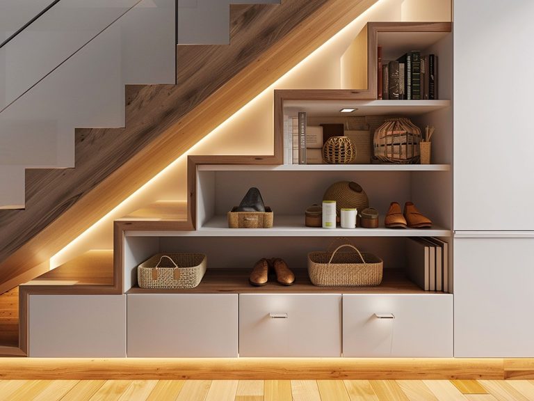 Nowoczesne wnętrze z zabudową pod schodami, półkami i dekoracjami