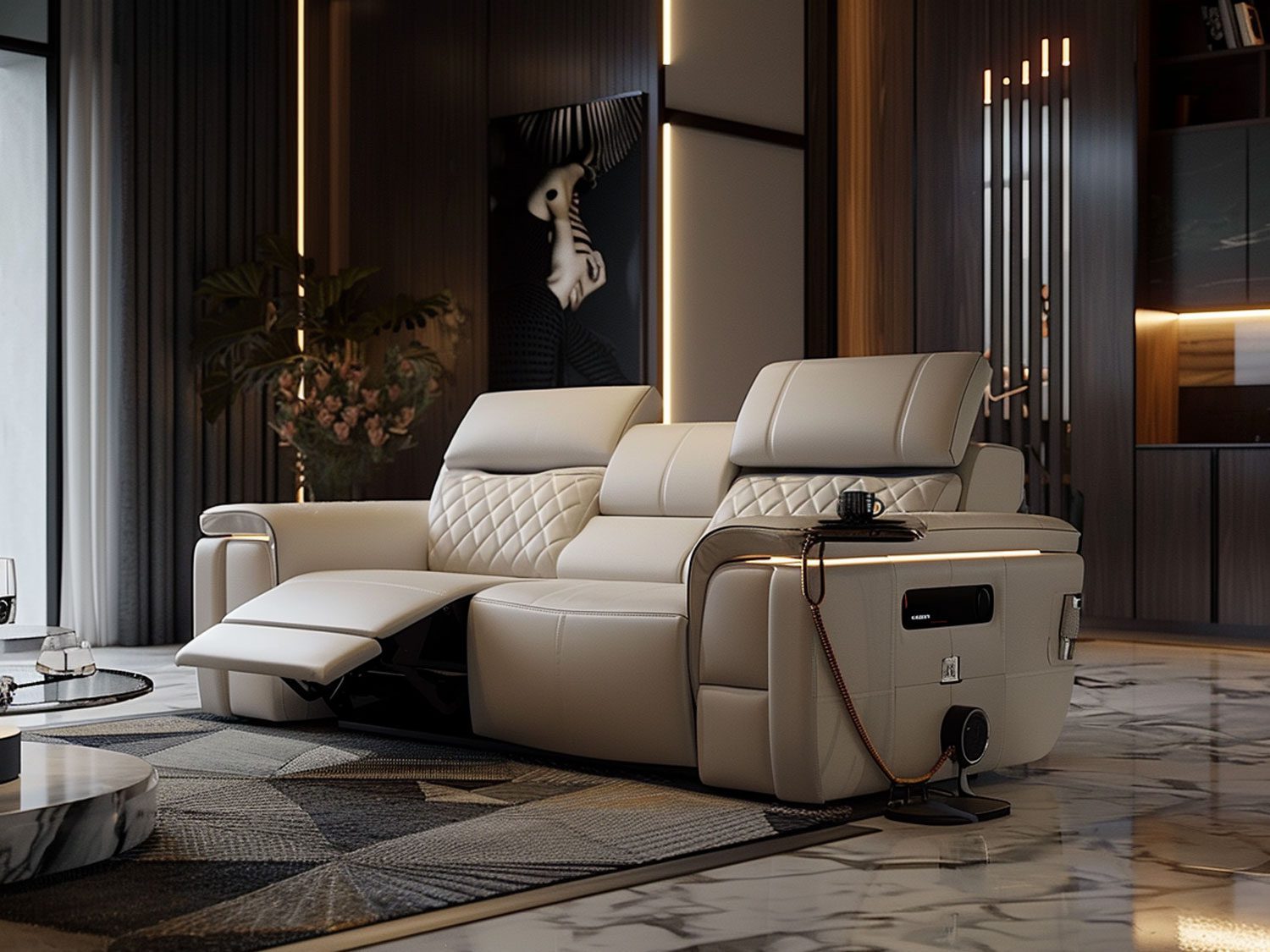 Nowoczesny salon z luksusową sofą relaksacyjną w jasnych odcieniach