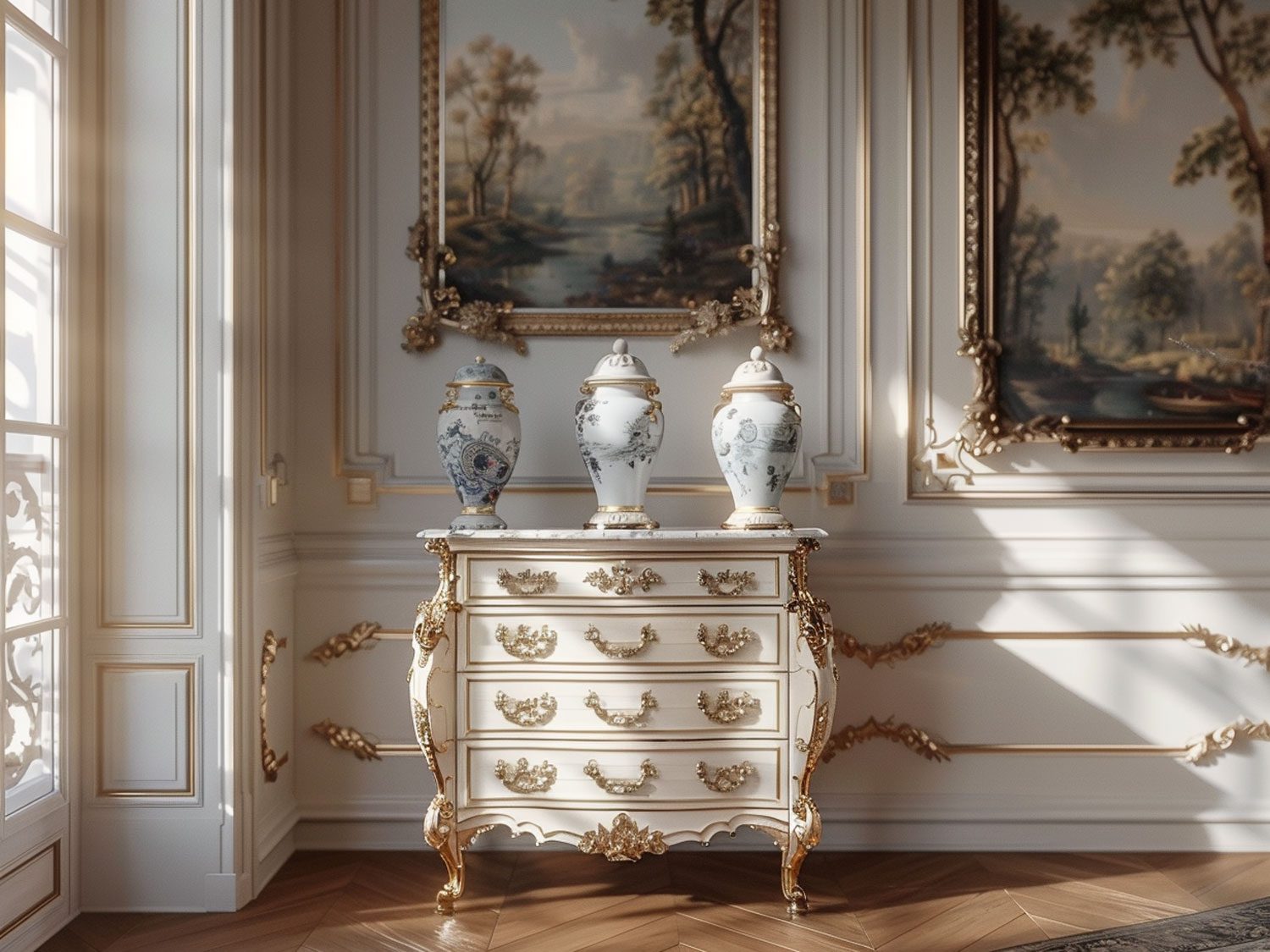 Glamour salon z białą komodą i ozdobnymi wazonami na tle obrazów