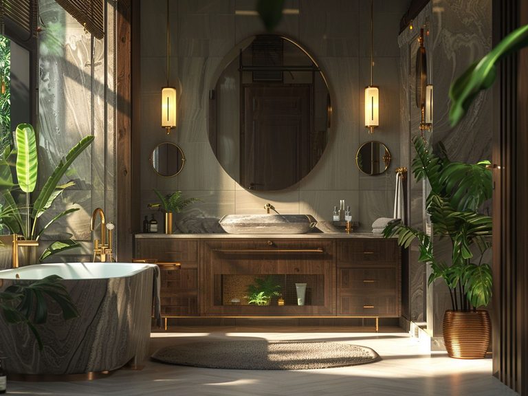 Rustykalna łazienka z drewnianą zabudową, okrągłym lustrem i nastrojowym oświetleniem