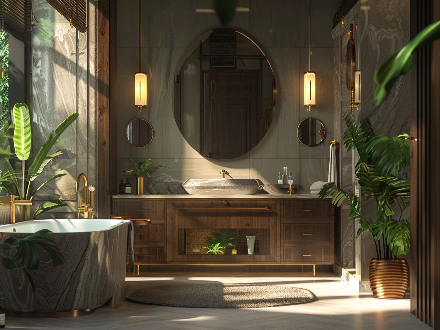 Rustykalna łazienka z drewnianą zabudową, okrągłym lustrem i nastrojowym oświetleniem
