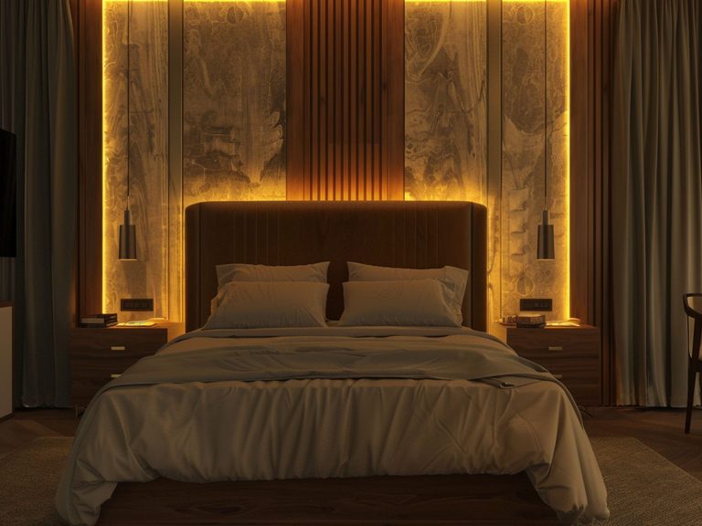 Luksusowa sypialnia z podświetlanym zagłówkiem i tapicerowanym łóżkiem