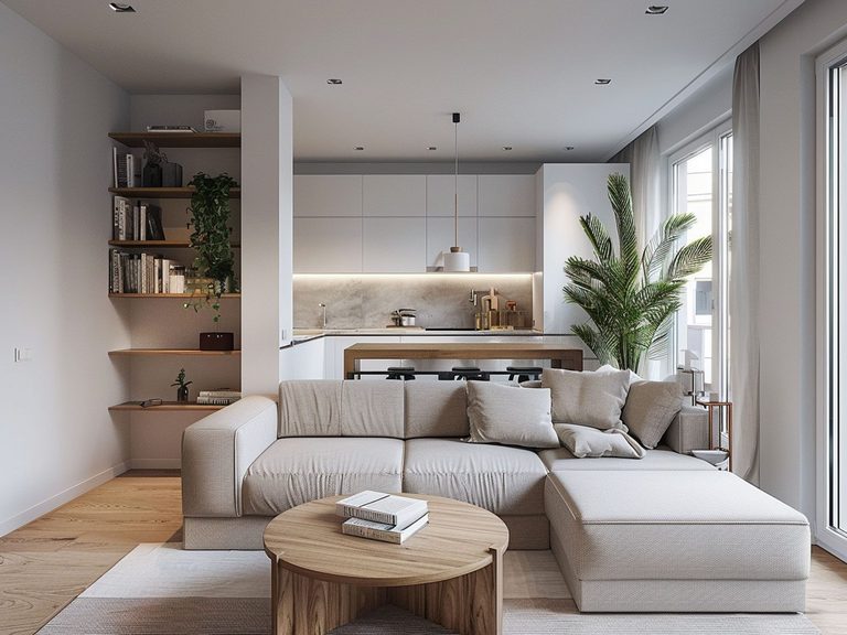 Nowoczesny salon z jasną sofą, stołem kawowym i kuchnią w tle
