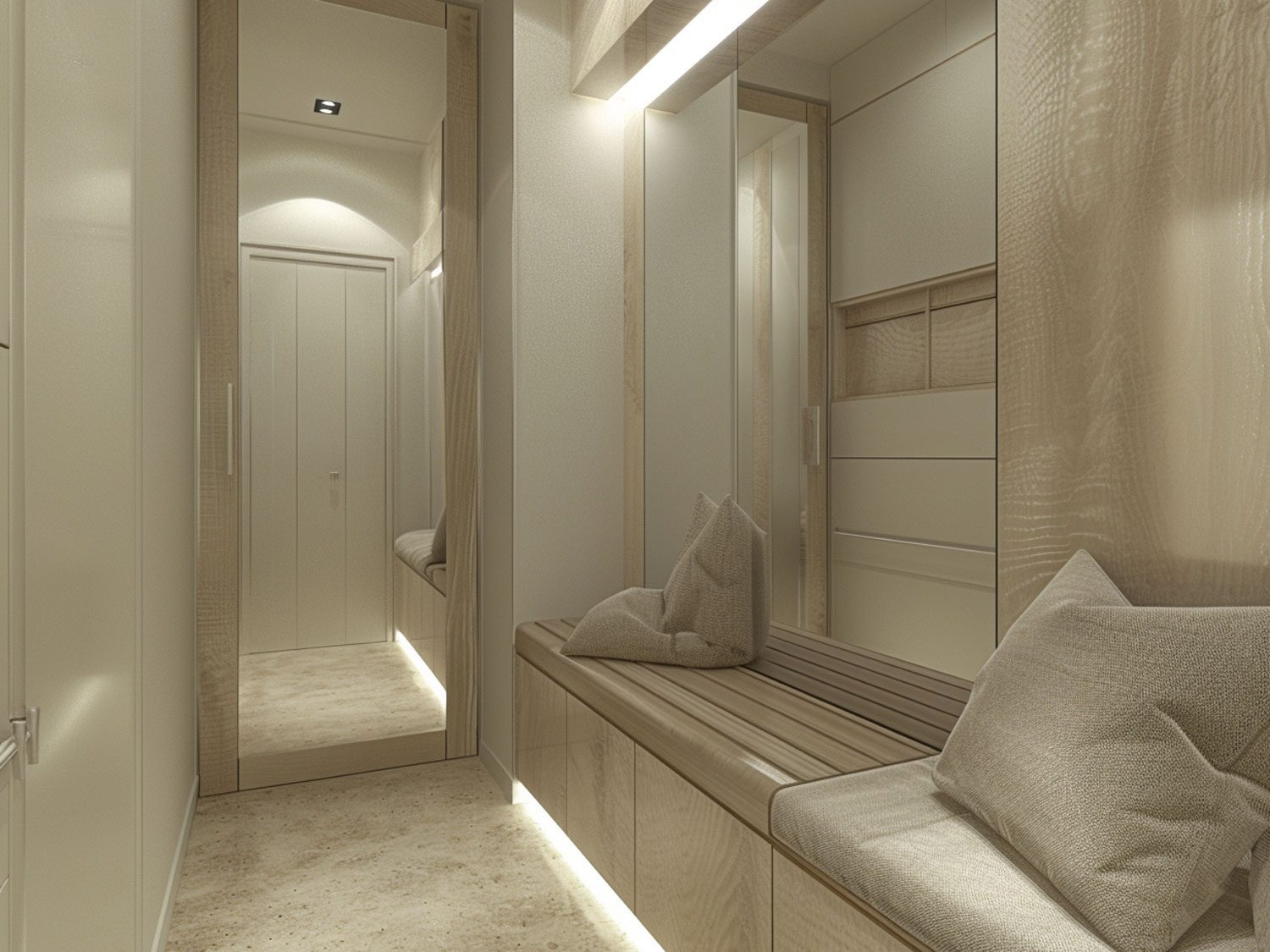 Nowoczesna garderoba w białych tonach z jasnym oświetleniem i lustrami