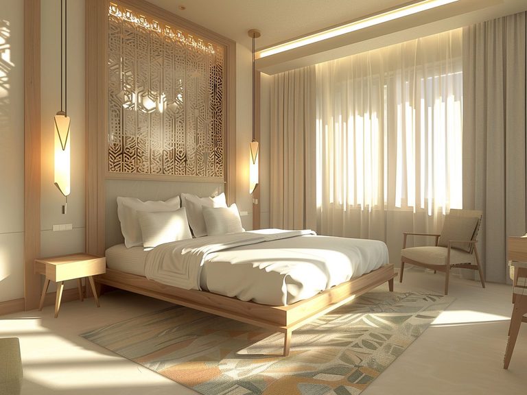 Luksusowa sypialnia z dużym łóżkiem, białymi zasłonami i złotymi akcentami