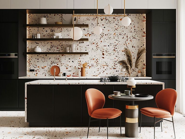 Nowoczesna kuchnia z wyspą, białymi szafkami i złotymi dodatkami